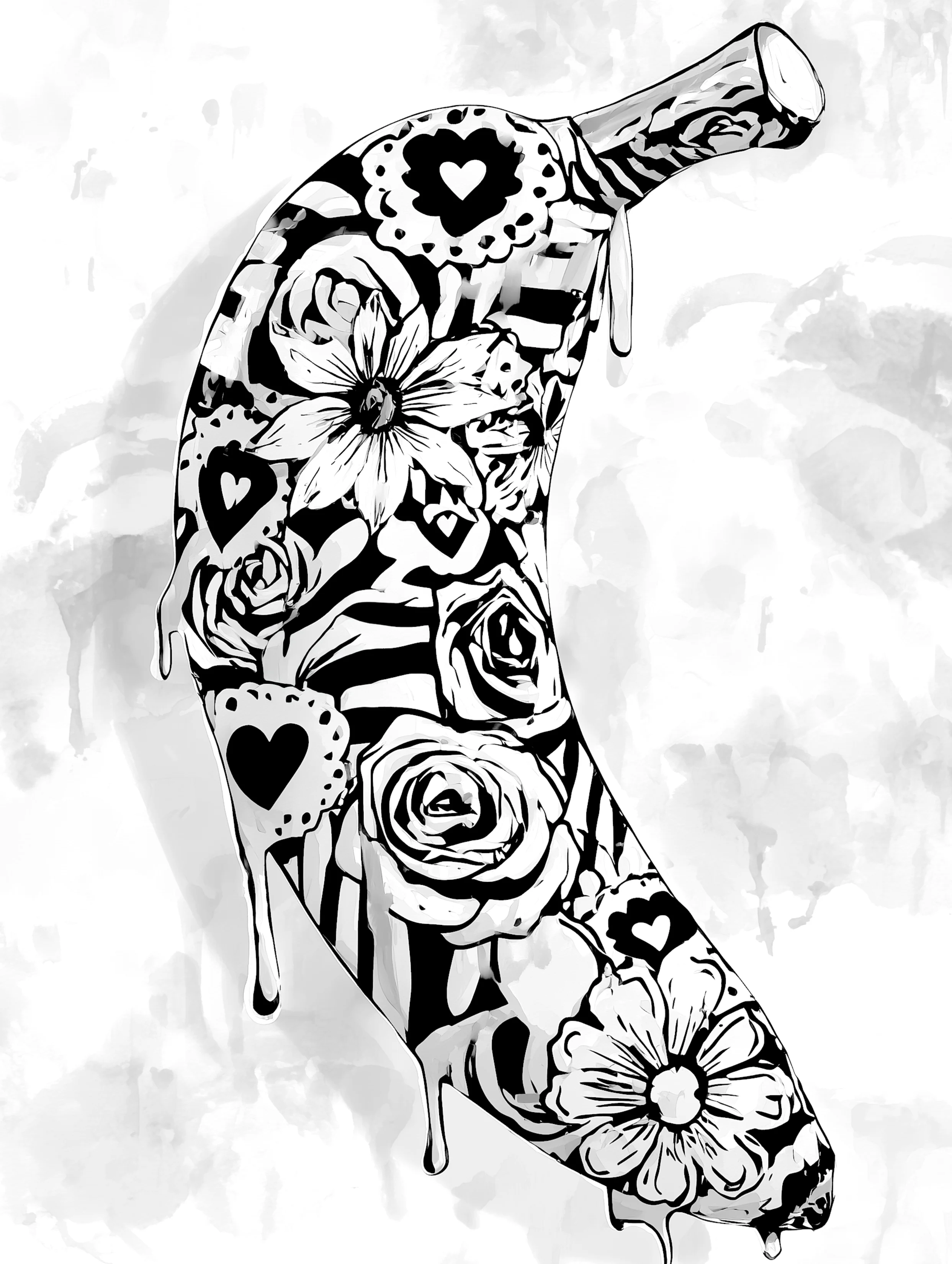 Free printable banana coloring page for adults featuring white background with printed banana